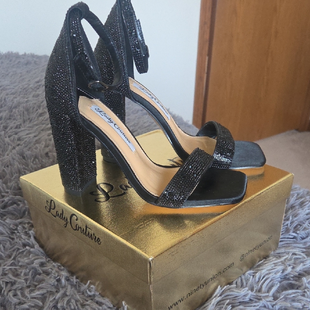 Lady Couture Black Glitter Block Heel Sandals with Ankle Strap